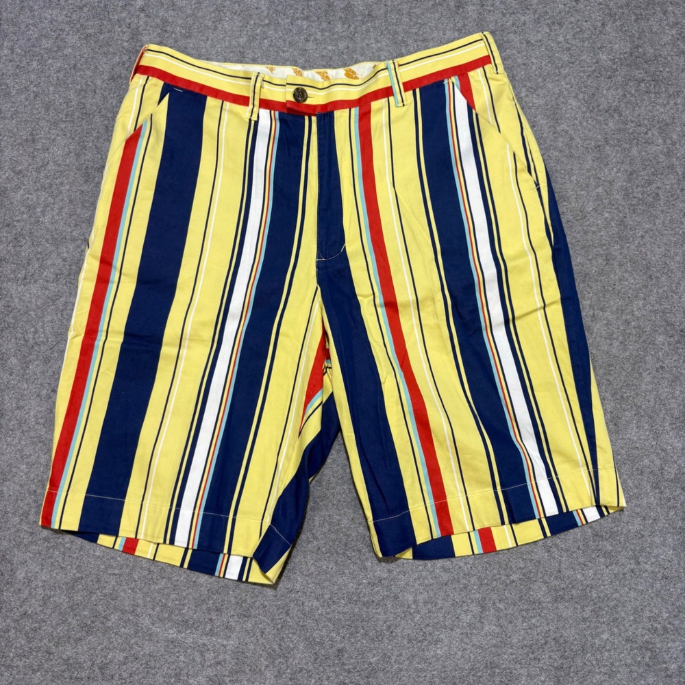 Loudmouth Golf Mens Striped Shorts Yellow Navy Blue Red Size 35 Flat Front